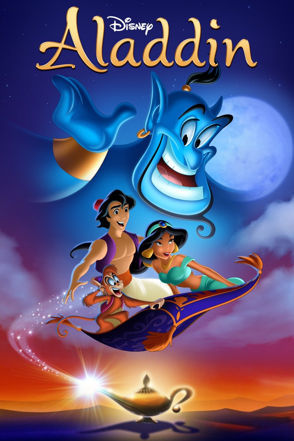 Aladdin, Jasmine and abu flying on the magic carpet with Genie in background